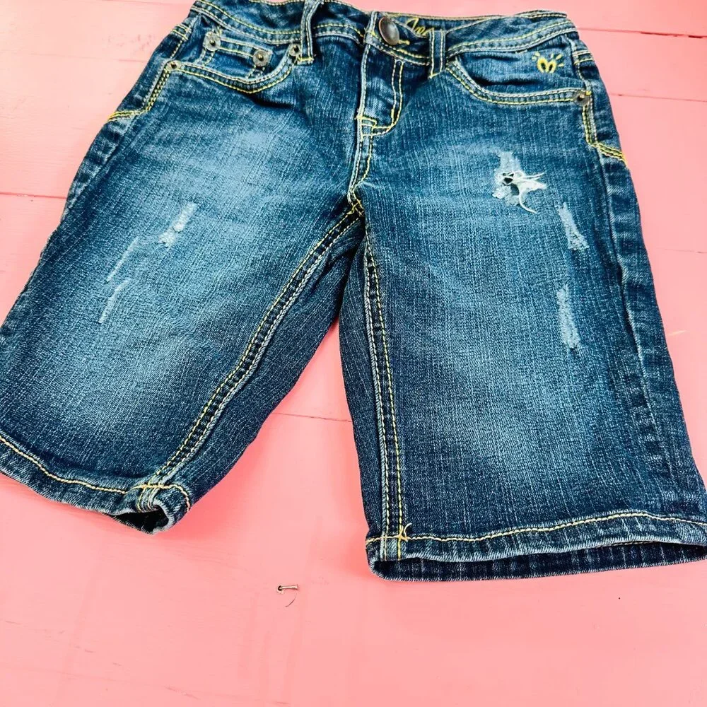 Justice Girls Denim Bermuda Shorts Size 7 Distressed Jean Shorts Dark Wash